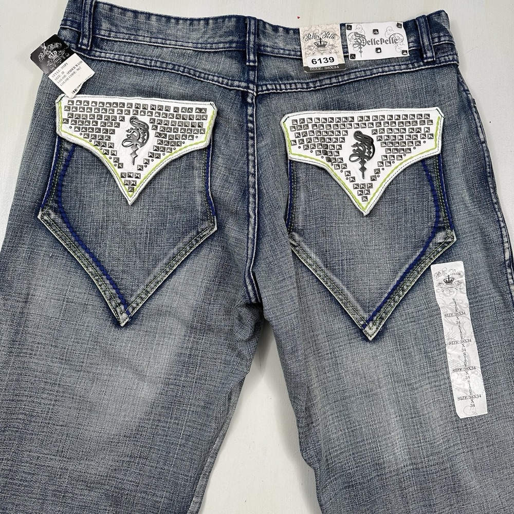 NEW VTG Pelle Pelle Studded Wide Leg Jeans 38x34 Blue Y2K Hip-Hop Flap Pockets‎